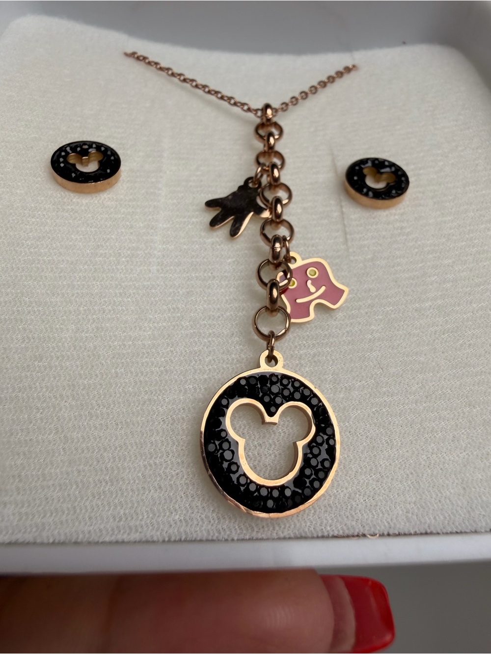 Rose Gold Charm Necklace and Stud Earrings Set - Black and Red Accents